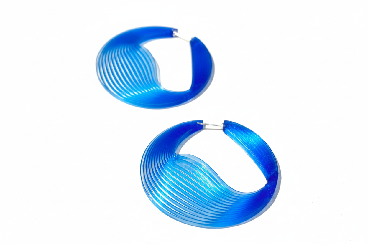 Blue big earrings transparent linear arty
